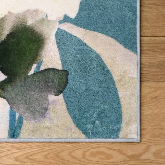 Empire Art Direct Peach 5ft.x 7.5ft. Teal Floral Washable Flowers Area Rug